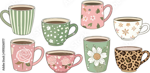 Cute floral coffee mugs cartoon set with vintage patterns, cozy drink cups vector illustration collection