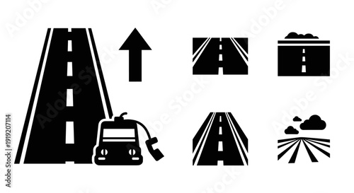 Silhouette road icons with charging station and traffic symbols