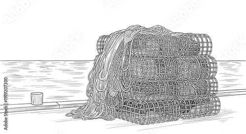 Fishing gear line art: stacked lobster traps by the sea