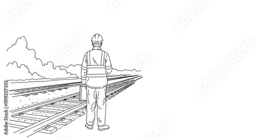Worker in safety gear standing by railroad tracks in linear art style