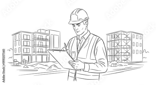 Architect in hard hat inspects construction site with buildings in the background
