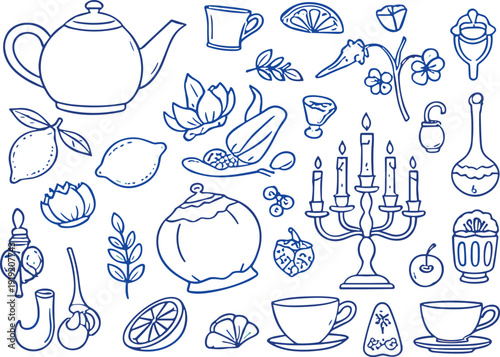 Hand drawn tea time elements set with teapot, cup, lemon, flowers, vintage vector illustration collection