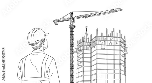 Construction worker overseeing building site with tower crane in linear style