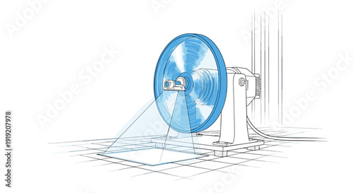 Isometric blueprint of optical lens machine with light reflection