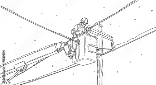Utility worker in lift repairing power lines during snowfall