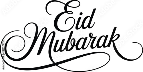 Simple black cursive Eid Mubarak calligraphy gracefully floats on a clean white background for greetings