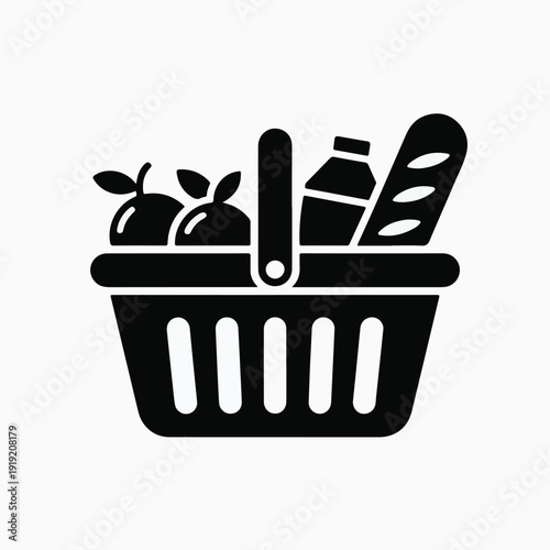 Vector silhouette illustration of a shopping basket with fresh produce and dairy products viewed from the front