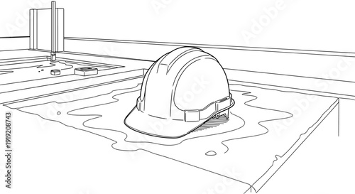 Construction safety hard hat on water surface in linear design