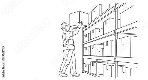 Man organizing warehouse storage in safety gear: line art of logistics and inventory management