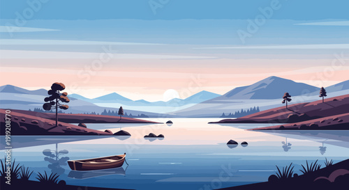 Tranquil Mountain Lake Scene at Sunrise with Solitary Boat Drifting on Calm Waters a Serene Minimalist Landscape Illustration