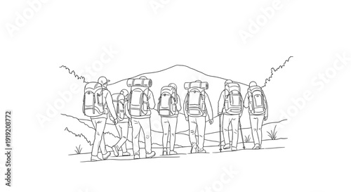 Group of hikers walking in mountains outline art with backpacks and nature scenery