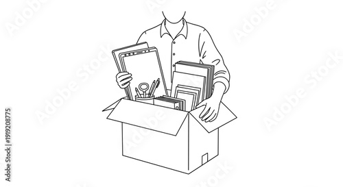 Office employee packing box of personal items in minimalist line art style