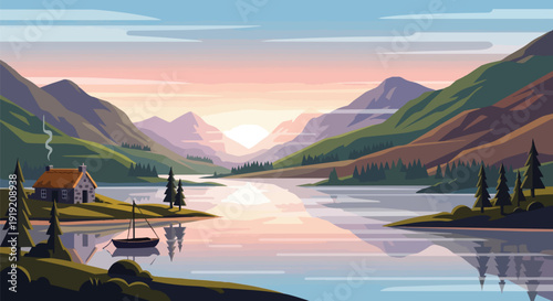 Serene mountain lake illustration at sunset featuring a charming cottage with smoke a small boat on calm reflective waters and majestic peaks under