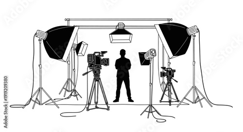 Silhouette of a camera crew in professional studio setup for video production