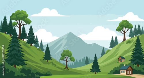 Idyllic cartoon landscape with rolling hills, majestic mountains, dense forests, and quaint homes under a clear sky