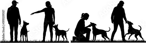 Set of dog training silhouettes with people teaching obedience and rewarding pets in an outdoor field for domestic animal education concepts