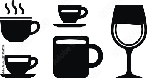 Drinkware silhouette illustration set, five black icons steaming cup teacup saucer mug wine glass beverage design, vector artwork, lifestyle and cultural theme, isolated background