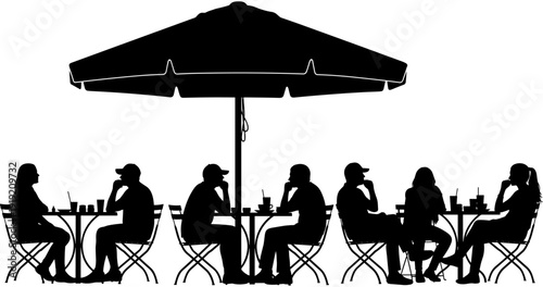 Outdoor cafe silhouettes set, people sitting at bistro tables under umbrella, summer restaurant terrace, casual social gathering, street patio.