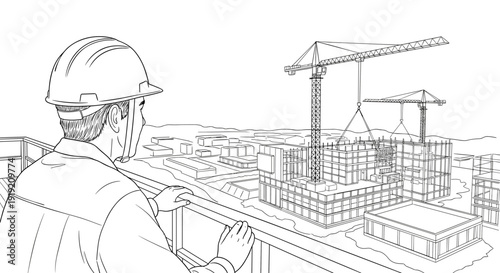 Construction site oversight: engineer views urban development from balcony