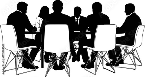 Professional business meeting silhouettes, corporate executive team discussion at conference table, office group collaboration, management seminar interaction, workplace partnership icons.