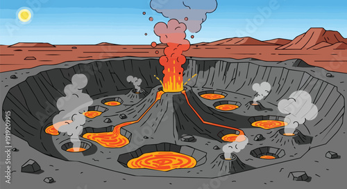 Dynamic volcanic eruption with multiple lava flows and steaming craters in a vibrant cartoon landscape
