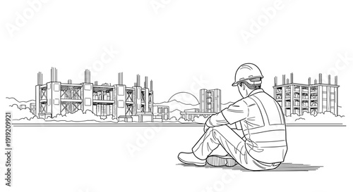 Architectural planning: engineer observing urban construction site in linear style