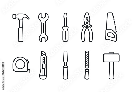 Tools outline icon set: construction, repair, diy outline tools collection