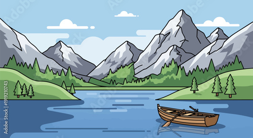 Picturesque mountain lake scene with a tranquil rowboat amidst vibrant nature and majestic peaks.
