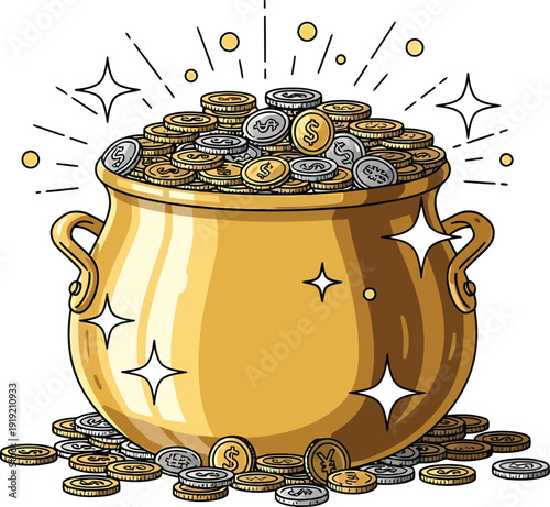 Golden pot filled with coins shiny treasure wealth prosperity folklore illustration
