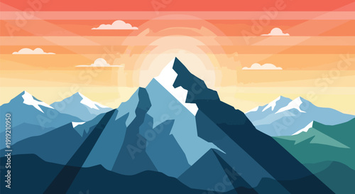 Majestic alpine panorama at dawn, showcasing jagged snow-capped peaks against a brilliant ombre sky with radiating light rays and ethereal clouds, a