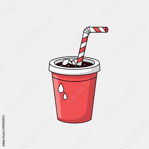 Cartoon-style illustration of a red disposable cup with ice and a red-and-white striped straw on a plain white background.