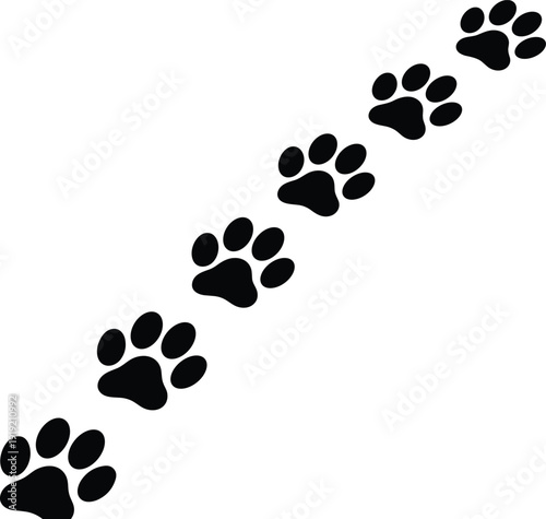 Black domestic animal paw prints trail silhouette isolated on white background, cat or dog footstep path flat vector illustration icon