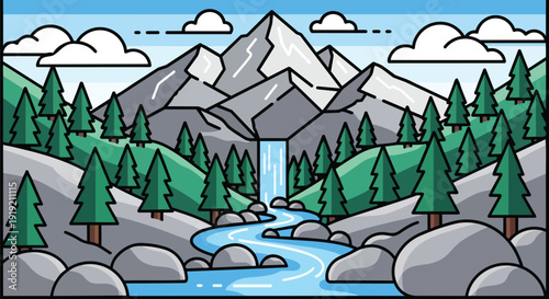 Vibrant minimalist mountain range illustration featuring a cascading waterfall, winding river, and a lush evergreen forest under a bright serene sky
