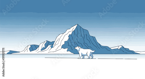 A lone arctic canine navigating the serene, vast frozen wilderness beneath majestic snow-capped peaks