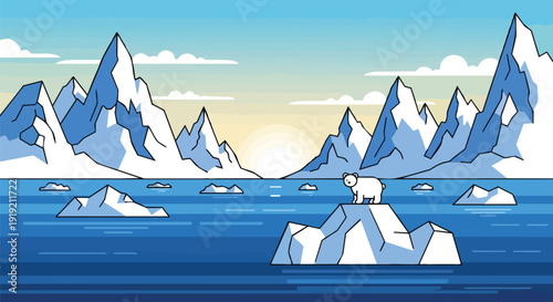 Arctic wilderness scene featuring a lone polar bear on an iceberg with majestic snowy peaks and a serene golden sky