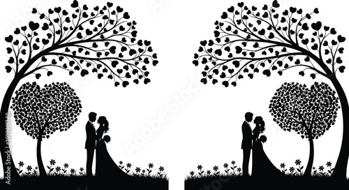 Romantic couple silhouette illustration set, two black icons heart tree embrace kiss garden love wedding design, vector artwork, cultural and lifestyle theme, isolated background
