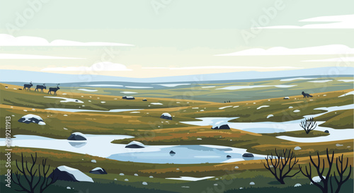 Vast northern landscape awakening with spring thaw, showcasing migratory deer traversing melting snow patches and a lone wild creature