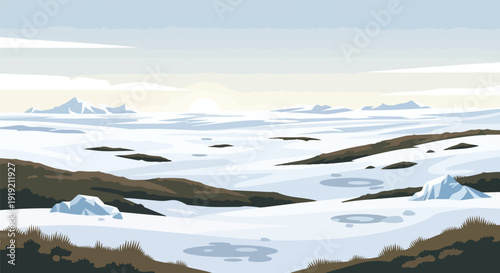 A serene vector illustration showcasing a vast arctic landscape. Snow-covered plains, rugged ground, and distant icy mountains merge under a soft,