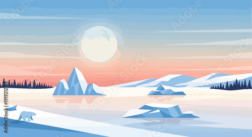 Vivid polar landscape vector art with magnificent icebergs, a solitary polar bear, and vast snow-covered terrain under a breathtaking gradient sky