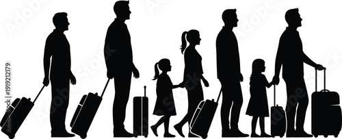 Travel silhouette illustration set, six black icons family group people suitcase airport tourism vacation lifestyle design, vector artwork, transport and cultural theme, isolated background