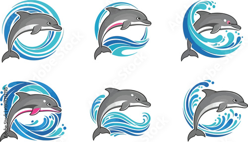 Vector dolphins swimming in waves isolated on transparent background
