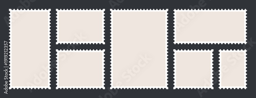 Postcard stamp frames. Blank postage mail stickers, empty rectangular paper envelope post borders with postmark, philately design elements. Vector collection