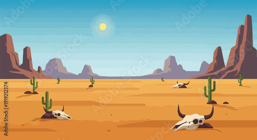 Desert panorama with towering mountains, resilient saguaro cacti, and weathered animal skulls resting on dry ground under a vast clear blue sky