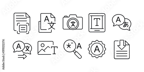 Translation and communication outline icon set. Language, text, speech, and image icons