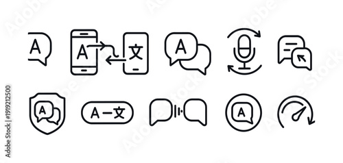 Language translation linear icon set. Communication, multilingual, speech icons collection