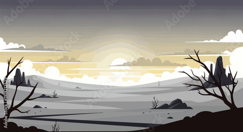 A captivating vector illustration of a desolate landscape under a serene, muted sky at sunrise