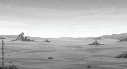 A sprawling monochrome panorama reveals dramatic, jagged rock formations puncturing an empty, flat plain, receding towards low hills beneath a vast,