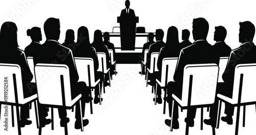 Black and white silhouette of people listening to a speaker at a podium