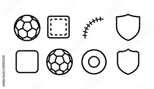 Sports equipment outline icon set. Soccer, baseball, sports gear line icons collection