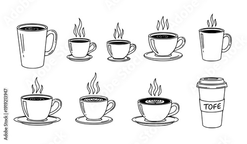 Cozy Hand Drawn Coffee Cup and Mug Icons Vector with Steam for Cafe and Breakfast